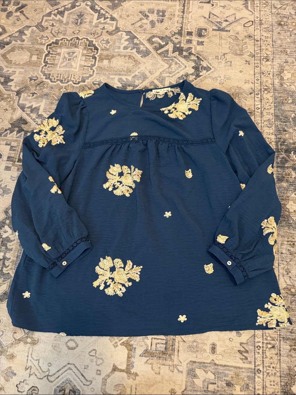 Hope Springs Women’s Medium Navy Gold Embroidered Boho Peasant Blouse